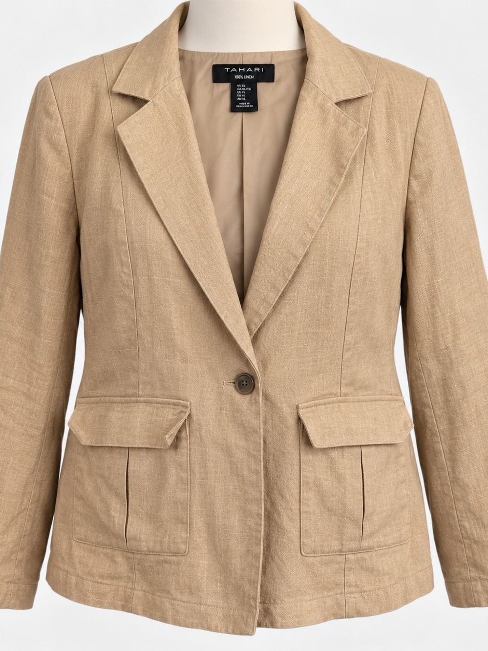Tahari XL 100% Linen Tan Safari Blazer Utility Pockets Quiet Luxury Coastal